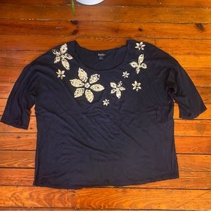 Lucky Brand Navy Floral Embellished Crew Neck Top Size 3X